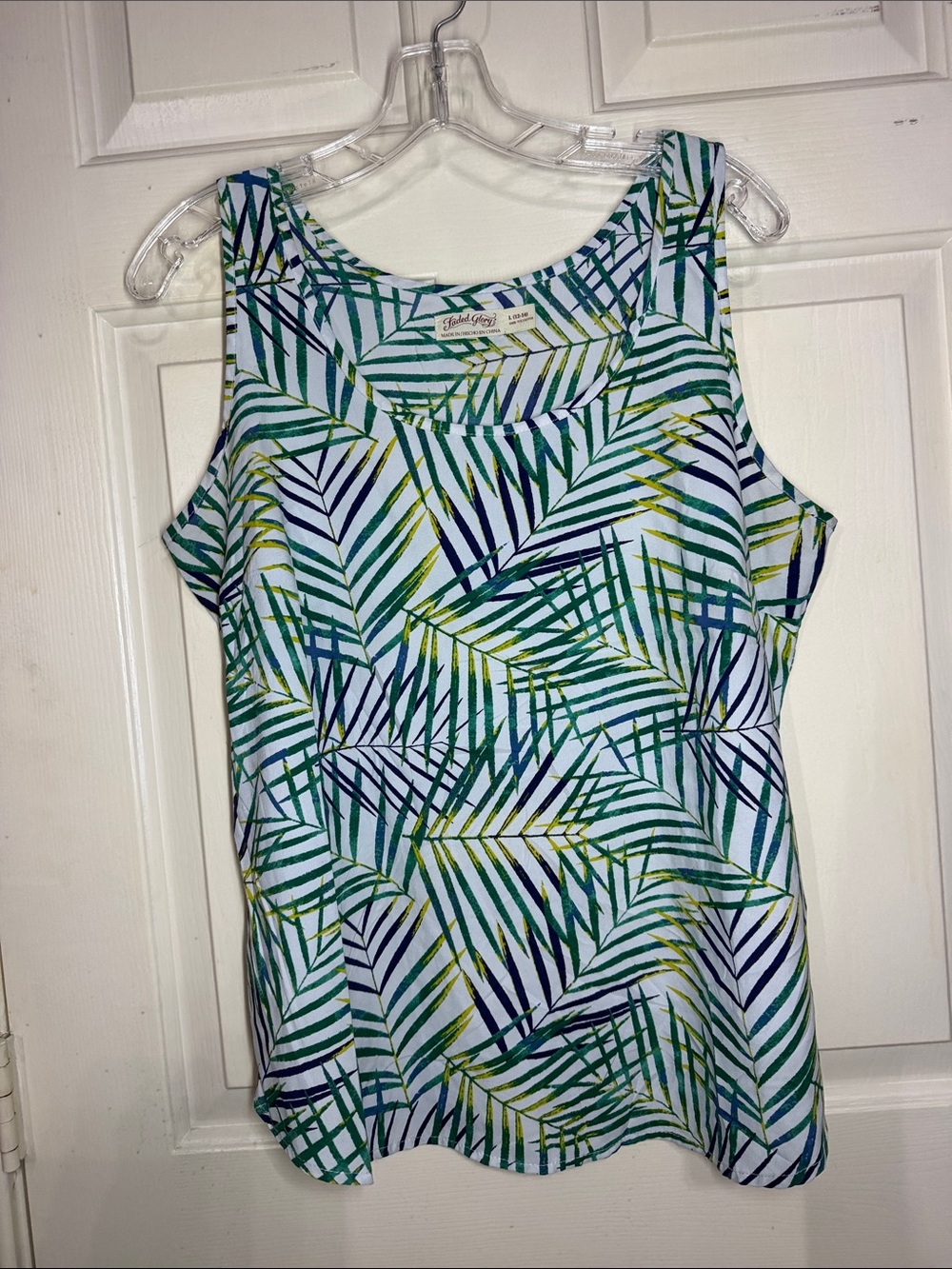 croft & barrow White Tank Top with Green and Navy Palm Print